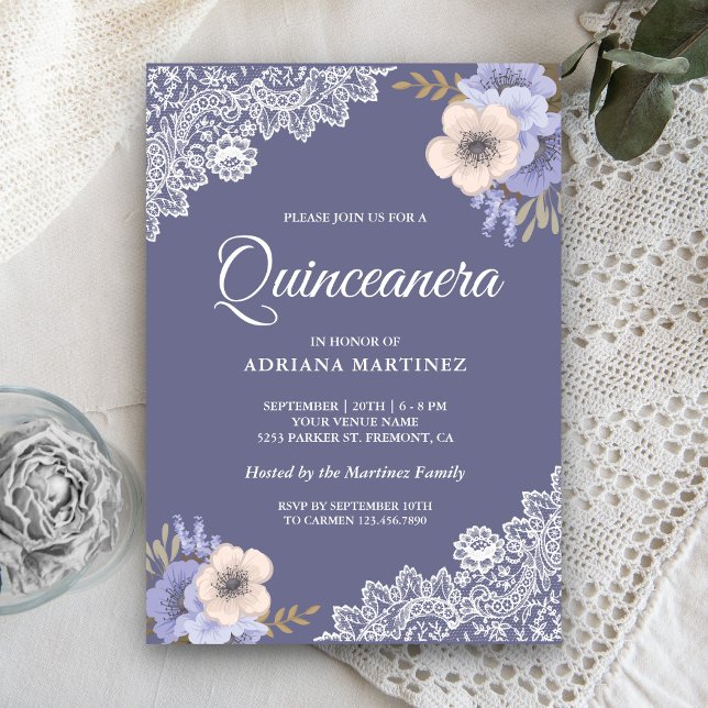 Convites Rustico Poético Lilás Floral Renda Quinceanera (Criador carregado)