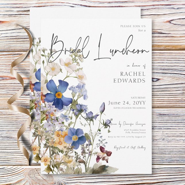 Convites Rústico Prado Selvagens Flores Aquáticas Almoço Br (Rustic Meadow Wildflowers Watercolor Bridal Lunch Invitation)