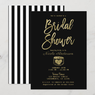 Convites Rustico Preto Listras Brancas & Dourado Chuveiro d