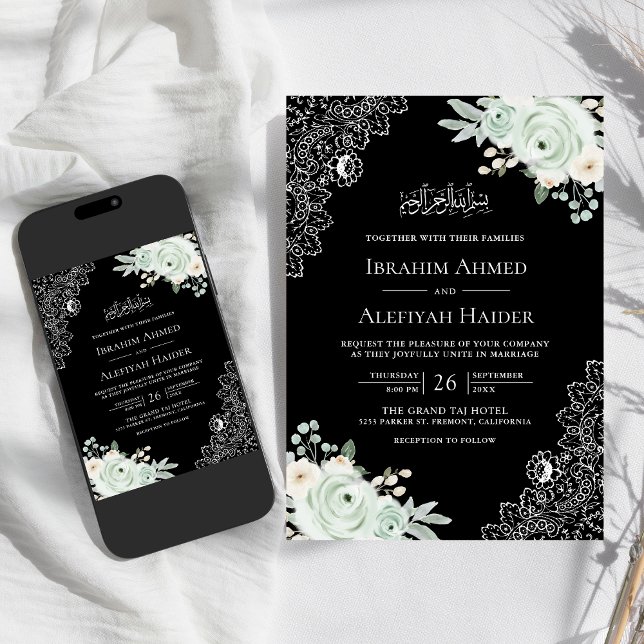 Convites Rústico Preto Sage Verde Floral Renda Casamento Mu (Criador carregado)