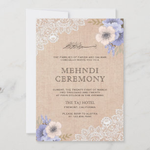 Convites Rústico Renda de Sarja Floral Roxo Islâmico Mehndi