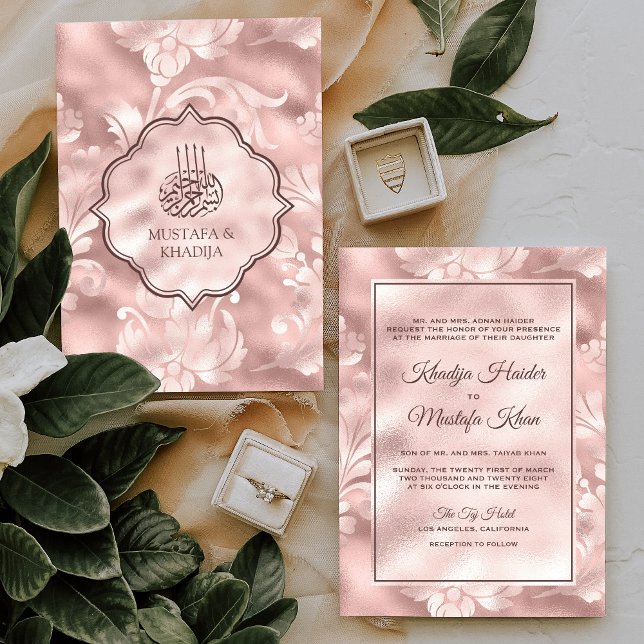 Convites Rústico Rosa Bege Filigrana Floral Casamento Muçul (Criador carregado)