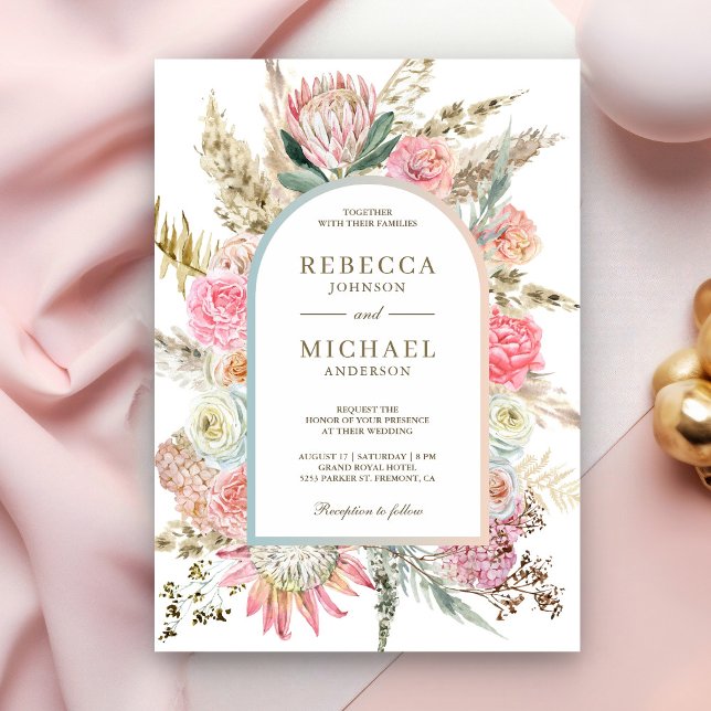Convites Rústico Rosa Desbotado Floral Boho Grama de Pampas (Criador carregado)