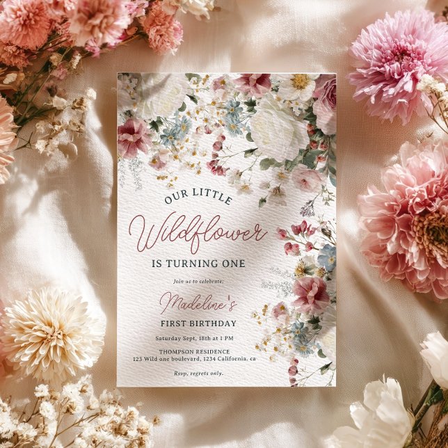 Convites Rústico Rosa Espelho, Creme Wildflower Primeiro An (Rustic Blush Pink, Cream Wildflower First Birthday Invitation)