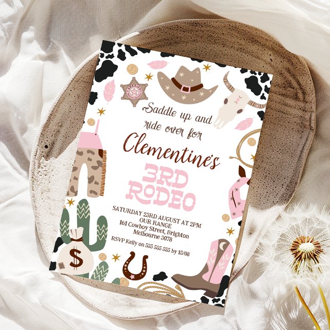 Convites Rústico sela rosa para cima 3ª aniversário de 3 an (Girls Pink 3rd Rodeo Birthday Invitation, 3rd Rodeo 3rd Birthday Invite, Western Themed, Cowgirl )