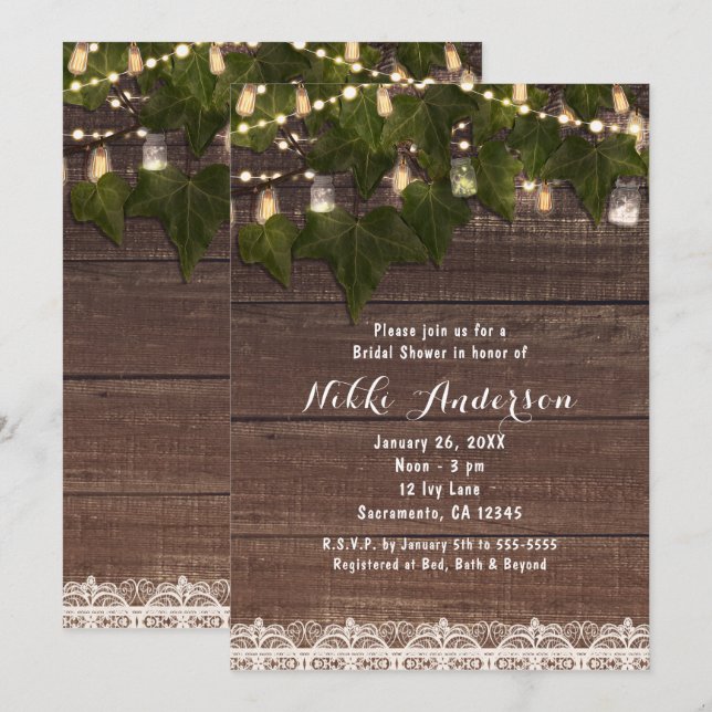 Convites Rústicos de Jarro de Pedra com Hera e Luz (Frente/Verso)