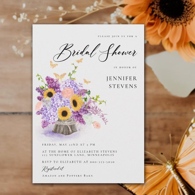 Convites Rústicos Girassóis Borboletas Chá de panela modern (elegant rustic bouquet butterflies bridal shower invitation lilac hydrangea sunflowers modern boho)