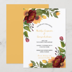 Convites Rústicos Girassóis Borgonha e Casamento Floral A