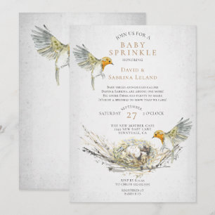 Convites Rústicos Pássaros e Nest Watercolor Bebê Sprink