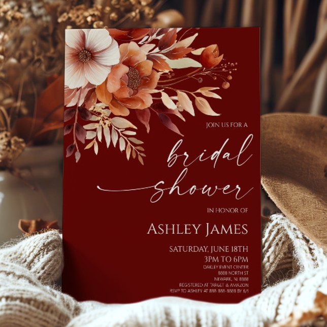 Convites Rusty Burgundy Flor Castanho Chá de panela (Criador carregado)