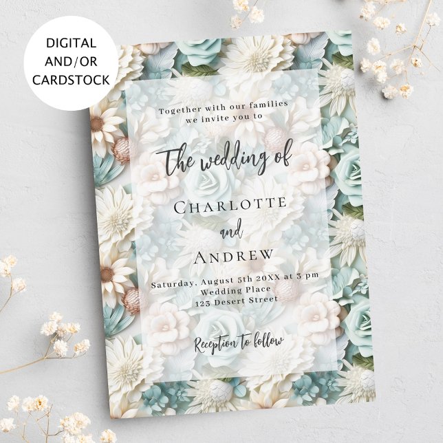 Convites Sábado de Casamento Verde Flores Brancas elegantes (Criador carregado)