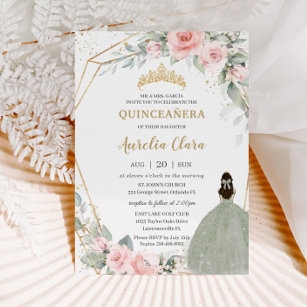 Convites Sábio Floral Rosa Cinza Verde Princesa Quinceañera