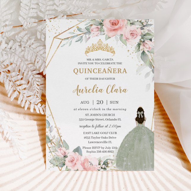Convites Sábio Floral Rosa Cinza Verde Princesa Quinceañera (Criador carregado)