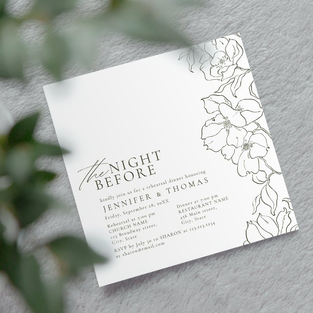 Convites Sábio floral verde na noite anterior ao ensaio (Elegant hand drawn floral sage green rehearsal dinner invitations)