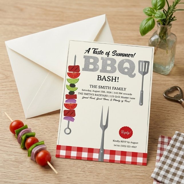 Convites Sabor de Verão Churrasco Vermelho Xadrez Gingham (Criador carregado)