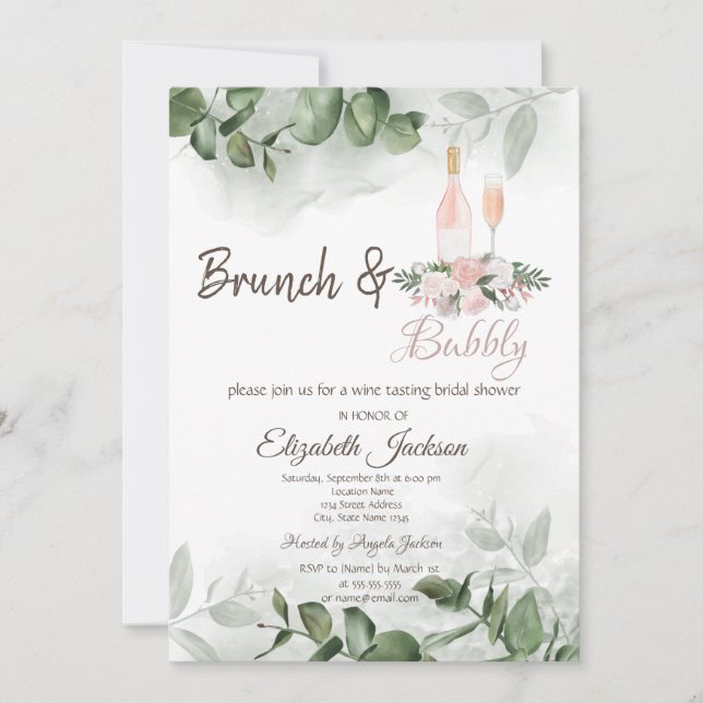 Convites Sabor de vinho Eucalyptus Greenery Brunch e Bubble (Frente)