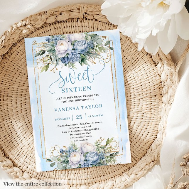 Convites Sabor Dourado Floral Branco Azul Pastel Elegante 1 (Elegant Pastel Blue White Gold Floral Sweet 16 Invitation)