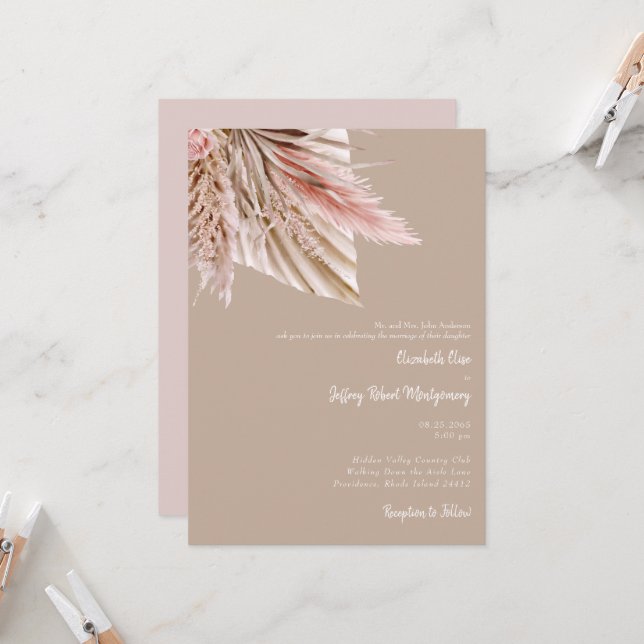 Convites Sabpy Watercolor Pampas Tan & Pink (Frente/Verso In Situ)