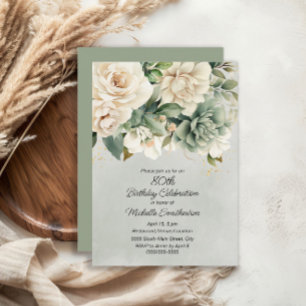 Convites Sabugueiro Branco Verde Floral Dourado 80º Anivers