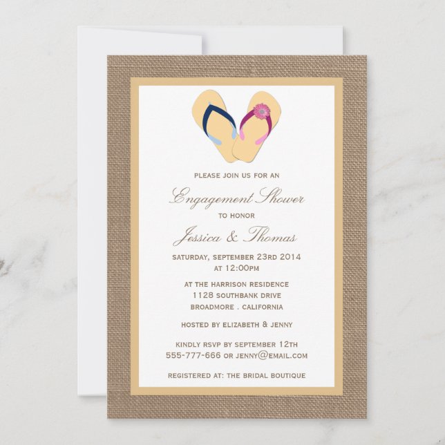 Convites Sacudir Flop Sandy Beach No Chá Do Noivado Burlap (Frente)