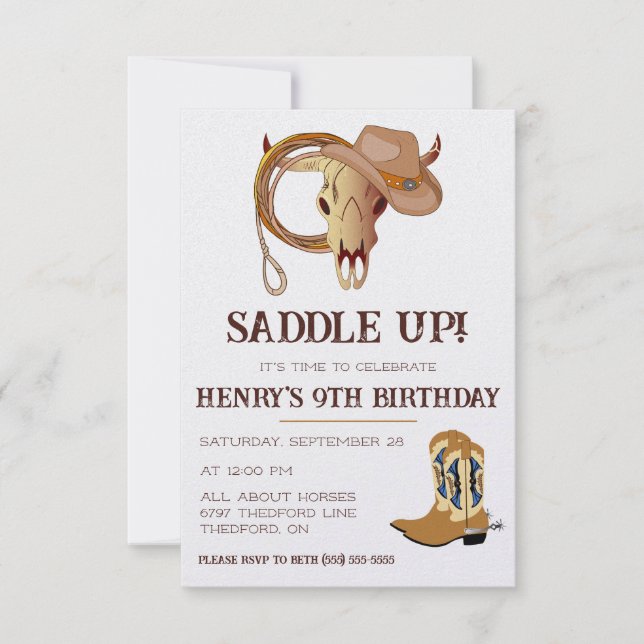 Convites Saddle Up! It's time to celebrate! Cowboy Birthday (Frente)