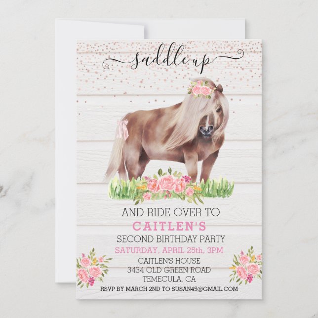 Convites Saddle Up Pony Girl's Floral Birthday (Frente)