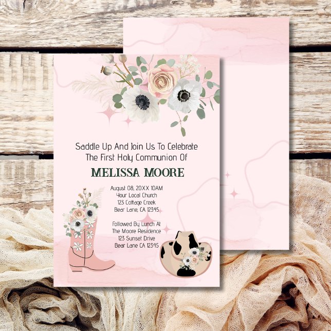Convites Saddle Up Western Cowgirl Primeira Comunhão Santa (Criador carregado)