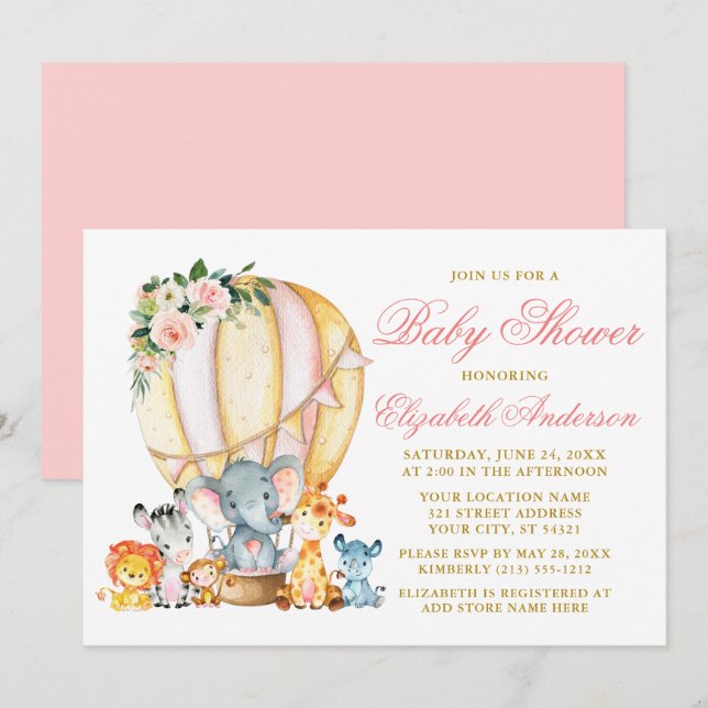 Convites Safari Animais Rosa Chá de fraldas de Balão de Ar  (Frente/Verso)