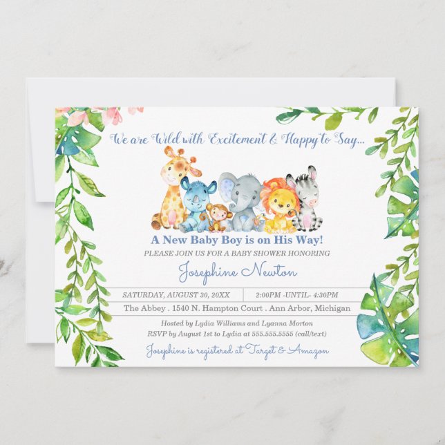 Convites Safari Animais Selvagens Chá de fraldas da Selva (Frente)