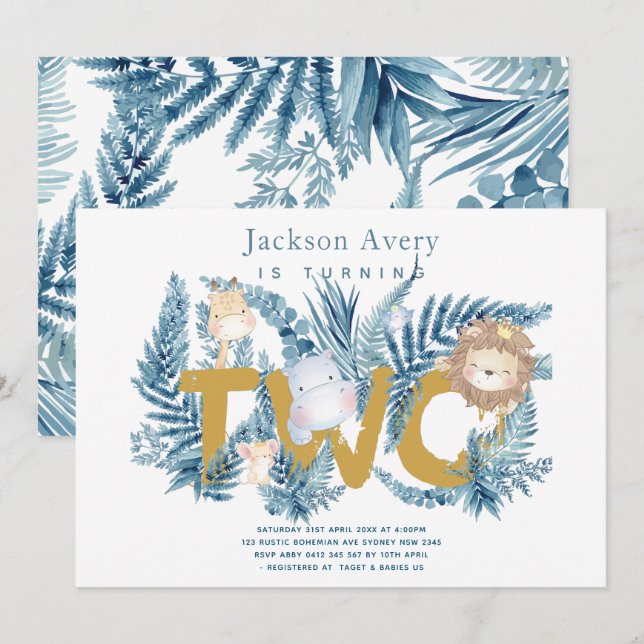 Convites Safari Animais Tropicais Segundo Aniversário (Frente/Verso)