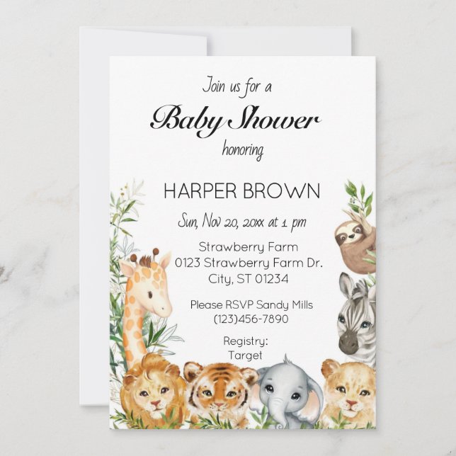 Convites Safari animal baby shower  (Frente)
