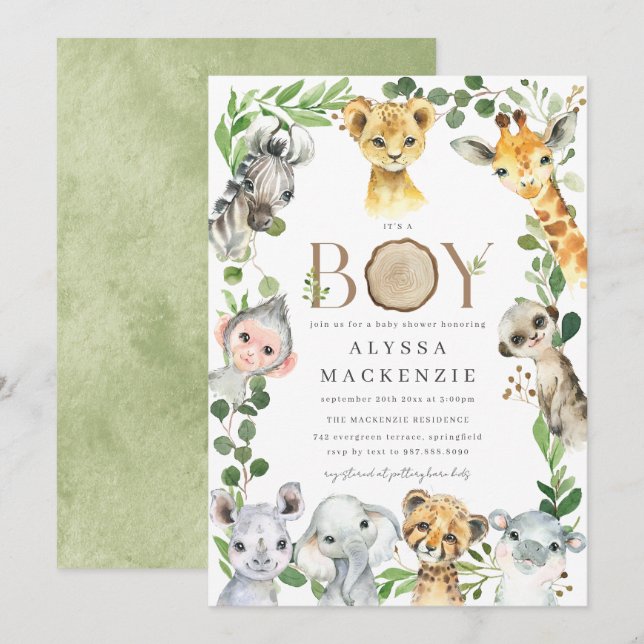 Convites Safari Animal Baby Shower Invitation (Frente/Verso)