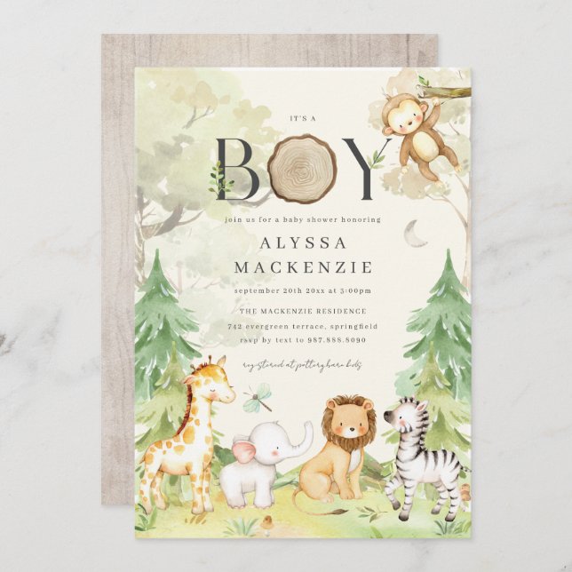 Convites Safari Animal Baby Shower Invitation (Frente/Verso)