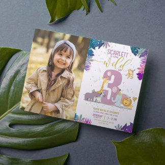 Convites Safari Animal Girl Young Wild & 3 Photo Birthday