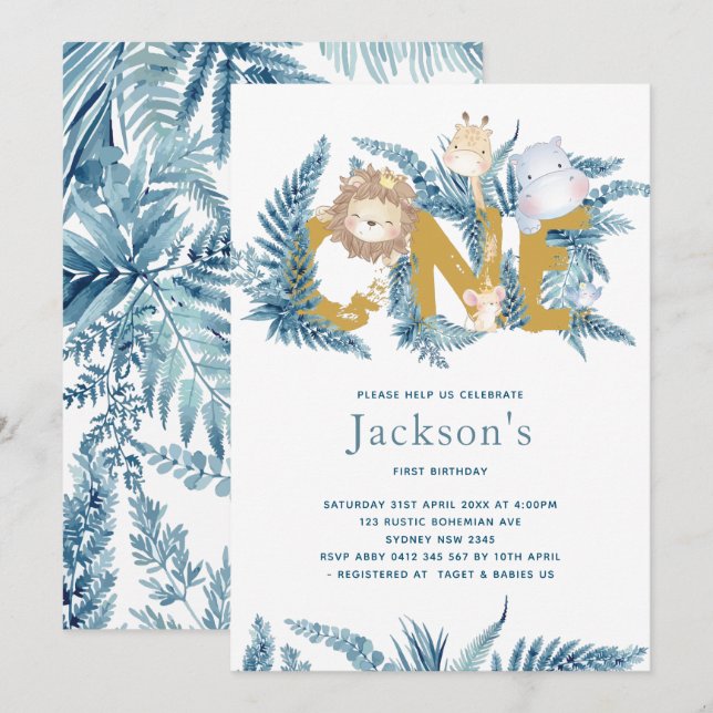 Convites Safari Animal Primeiro Aniversário (Frente/Verso)