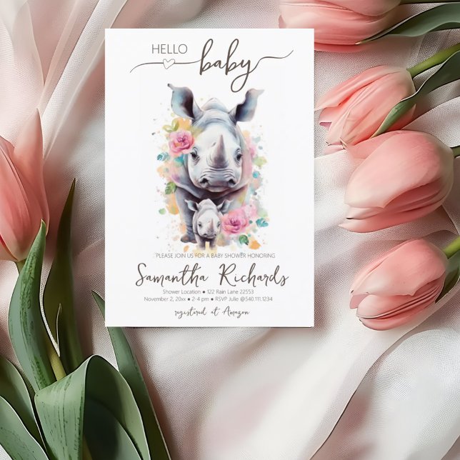 Convites Safari Animal Rhino Floral Mãe Chá de fraldas (Safari Animal Rhino Floral Mom Baby Shower Invitation)