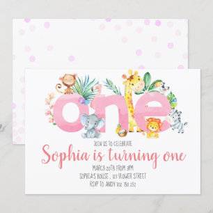 Convites Safari Animal Selgle Rosa 1rua Primeiro Aniversári