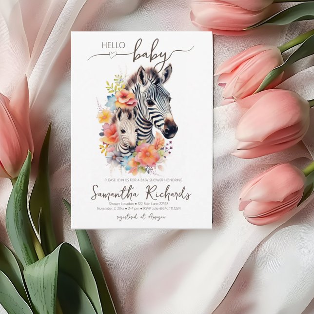 Convites Safari Animal Zebra Chá de fraldas Floral (Safari Animal Zebra Floral Baby Shower Invitation)