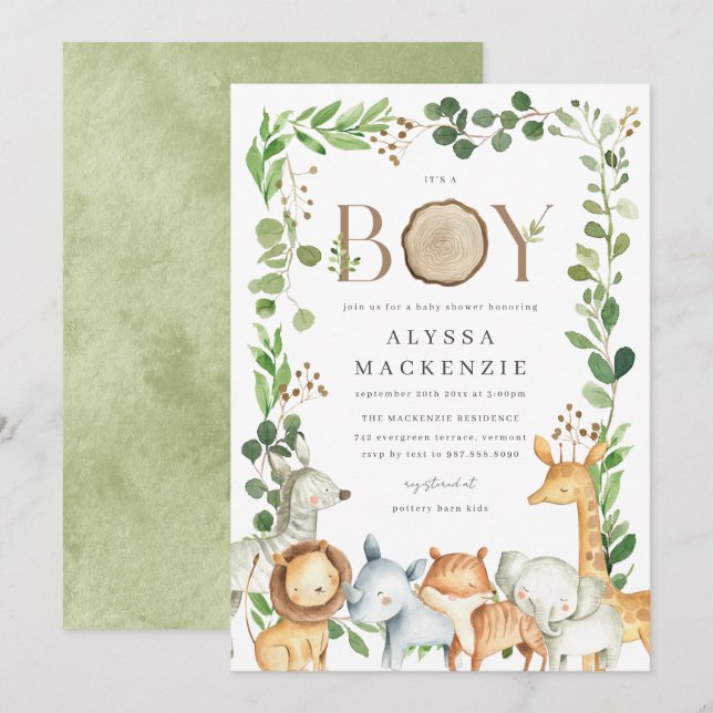 Convites Safari Animals Baby Shower Invitation (Frente/Verso)