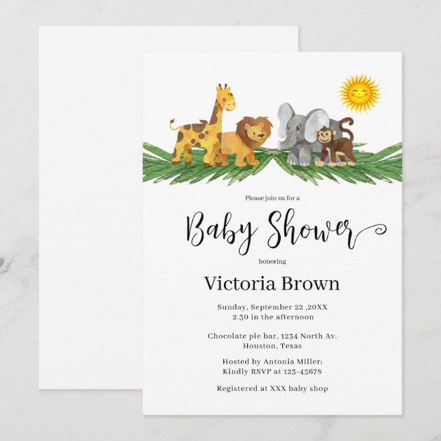 Convites Safari Animals Baby Shower Invitation (Frente/Verso)