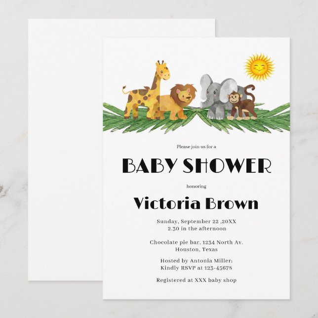 Convites Safari Animals Baby Shower Invitation (Frente/Verso)