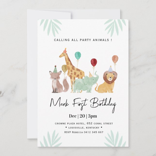 Convites Safari Animals Birthday party (Frente)