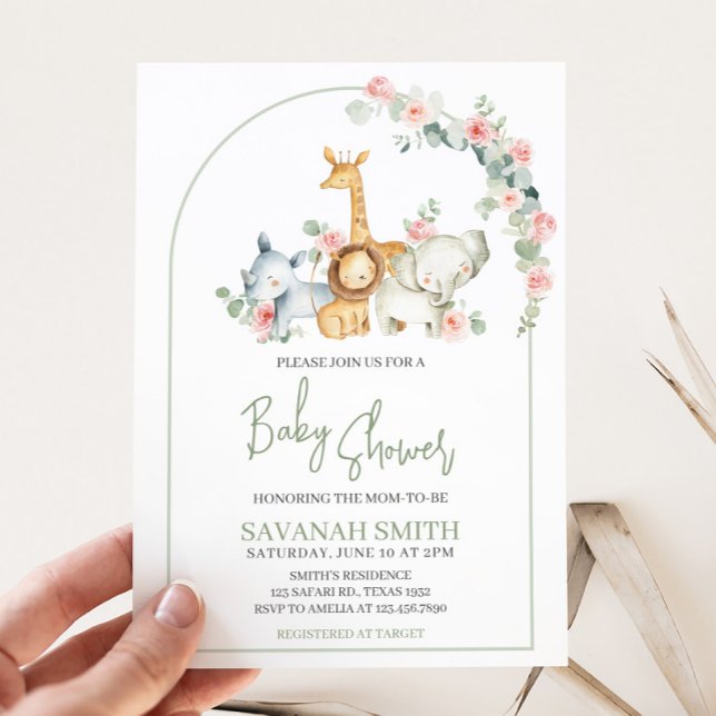 Convites Safari Animals Floral Baby Shower  (Greenery Safari Animals Baby Shower Invitation)