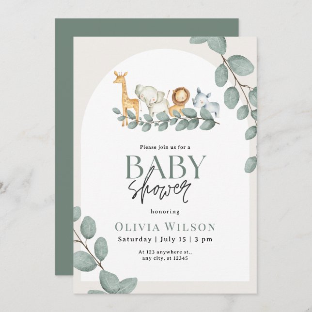 Convites Safari Baby Shower Invite, Greenery Jungle Neutral (Frente/Verso)