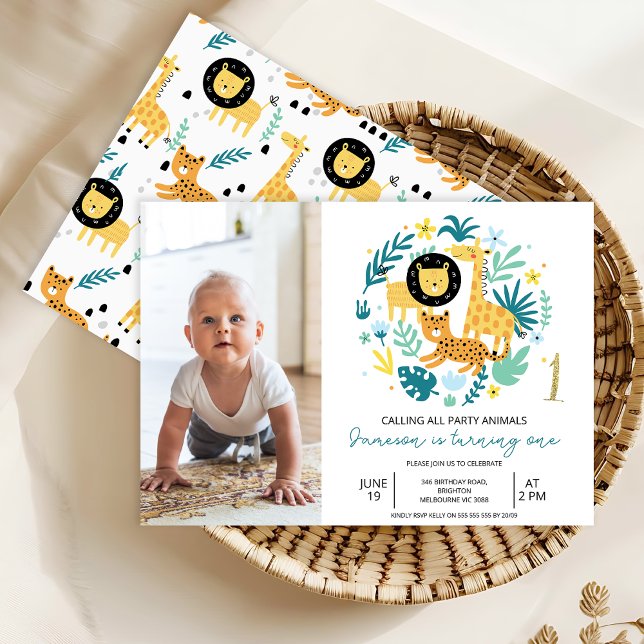 Convites Safari Blue Chamando Todos os primeiros aniversari (Calling All Party Animals Safari 1st Birthday Invitation Baby Boy,
Photo Safari Wild One Birthday)