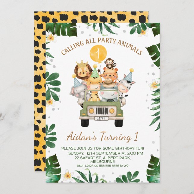 Convites Safari Chamando Todos os Animais do Partido (Frente/Verso)