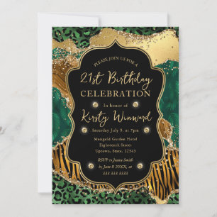 Convites Safári da Selva Verde Glitter Ágata 21º Aniversári