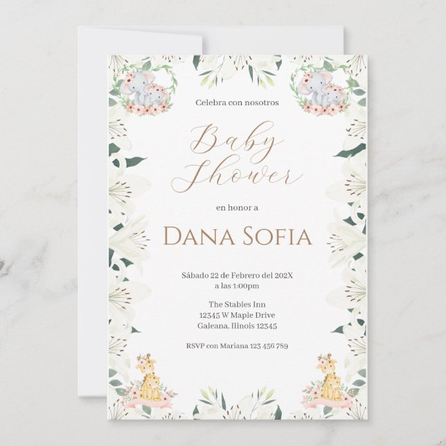 Convites Safari floral Spanish Baby Shower Girl invitation (Frente)