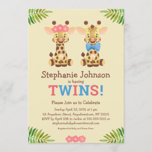 Convites Safari Giraffe Twins Boy e Rapariga Chá de fraldas