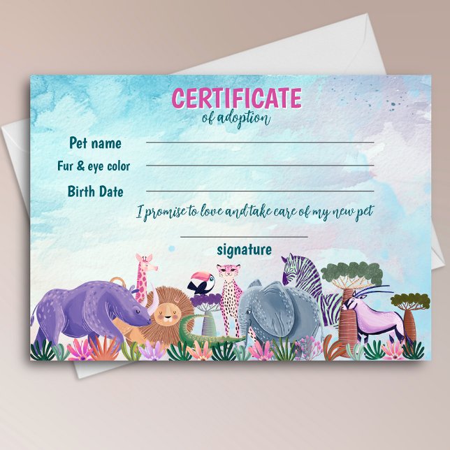 Convites Safari girl birthday animal adoption certificate (Criador carregado)